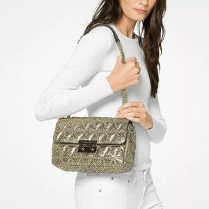 MICHAEL KORS Gold Metallic Sloan Quilted Pyramid‎ Large Chain Shoulder Bag Purse